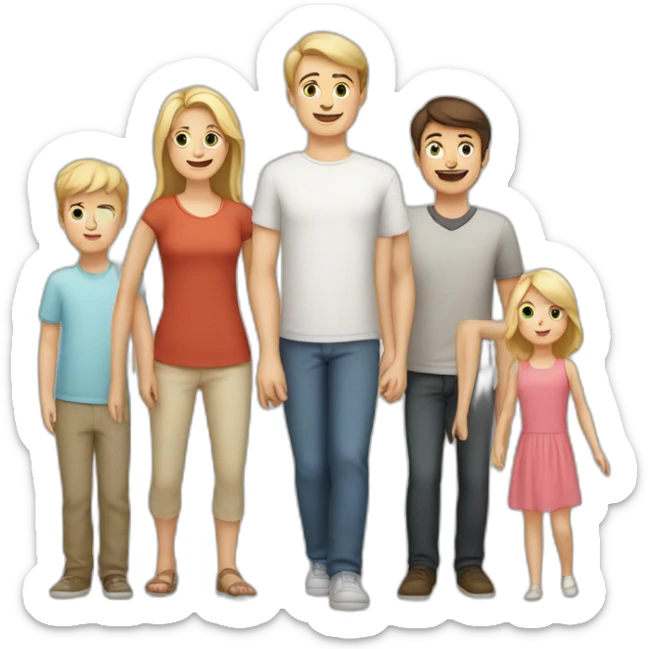 white family with 5 people, 1 blonde adult woman, 1 brunette adult male, 1 brunette male child, 1 brunette female child, 1 blonde male child sticker
