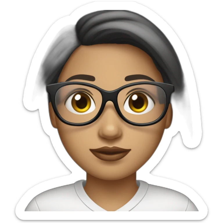 une fille avec de long cheveux noir lisse, la peau blanche ,et avec des lunette (en forme de carrer un peu déformé) assez grosse comparer a ça tête , portant un pull noir sticker