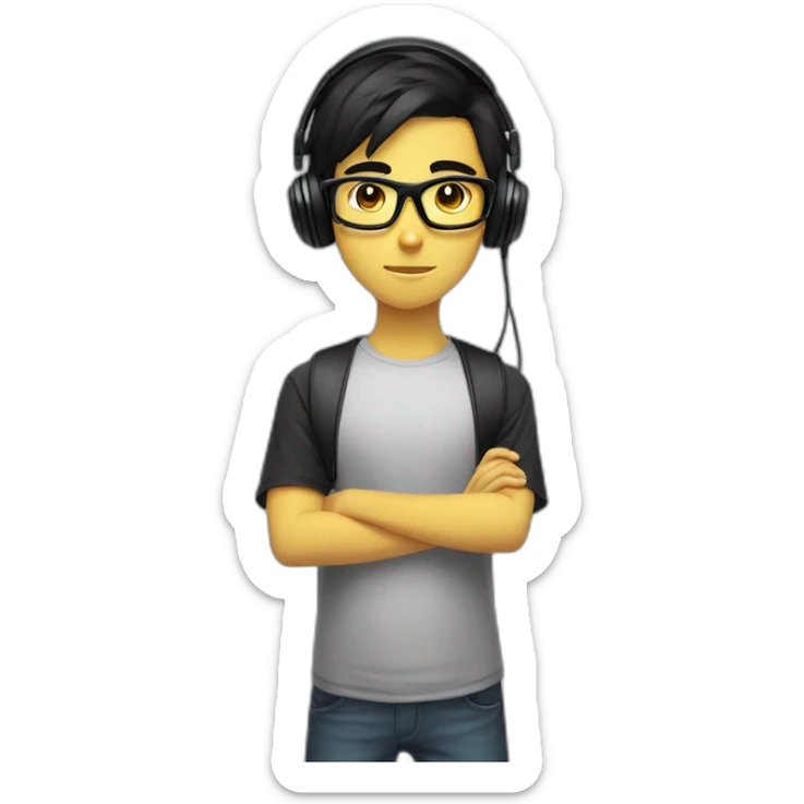 teenage gamer boy with black hair and black glasses and yellow gamer headphones. sticker