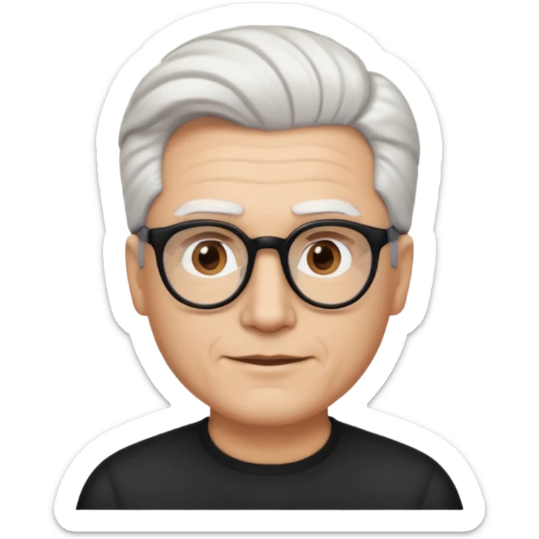A man emoji with light skin, white hair styled in thick, swept-back waves, straight dark eyebrows, brown eyes behind black-framed glasses, an oval-shaped face, a small nose, and a subtle smile with no facial hair. sticker