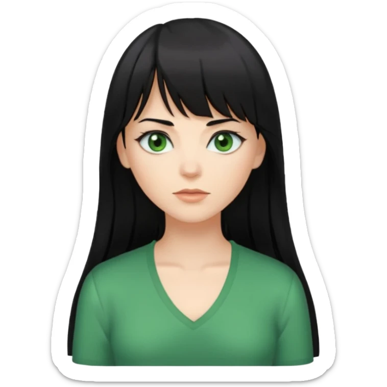 A white woman with Long straight hair with bangs, black hair, green eyes and a low-cut shirt sticker
