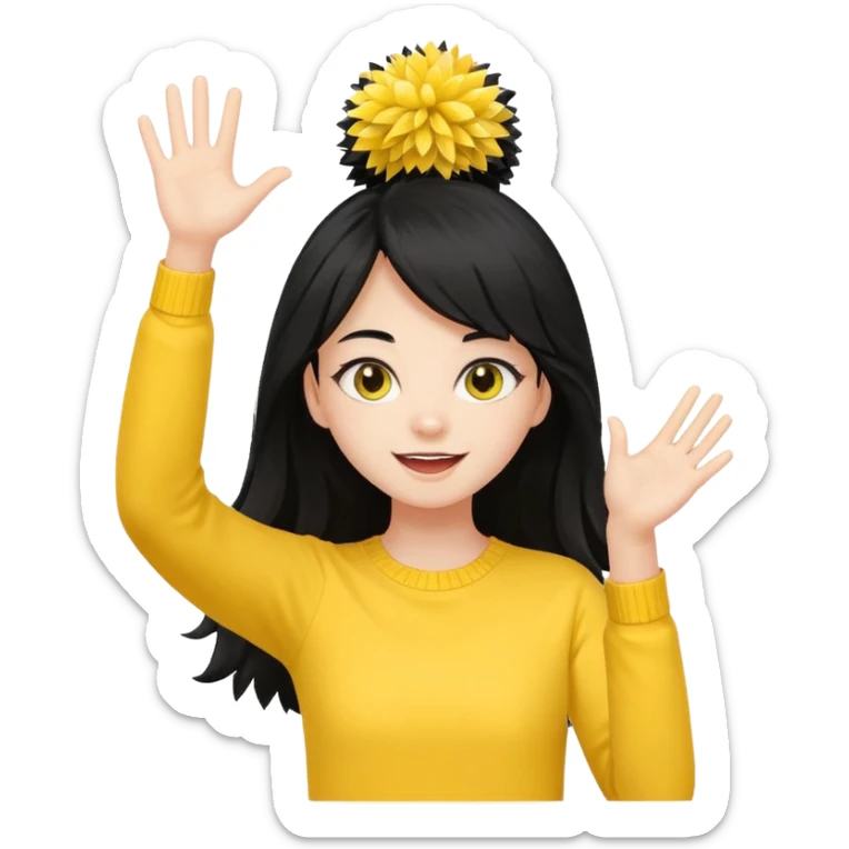 A long black hair teen girl waving pom-poms, eyes sparkling with excitement, yellow top sticker