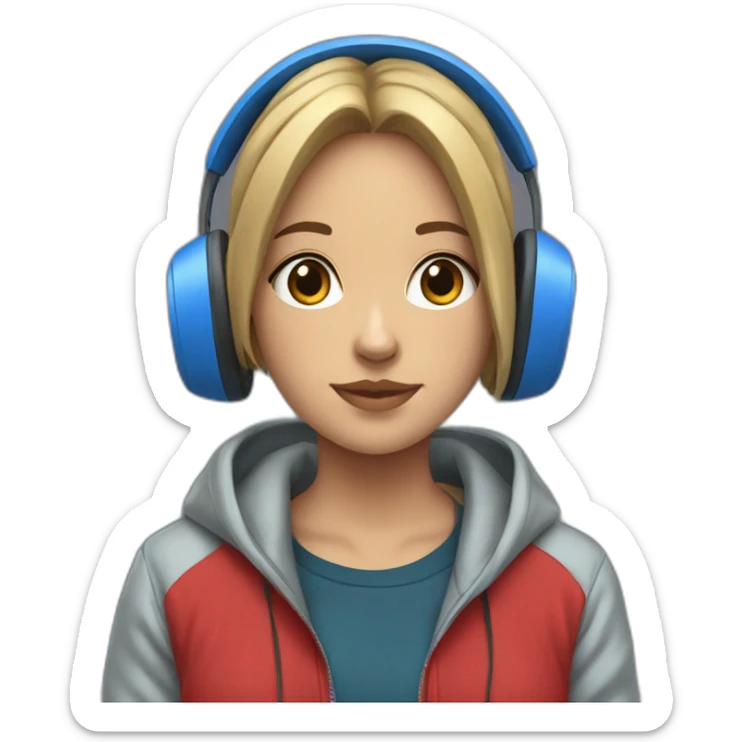 Lo-fi girl studing headphones, blue jacket, red hoodie sticker