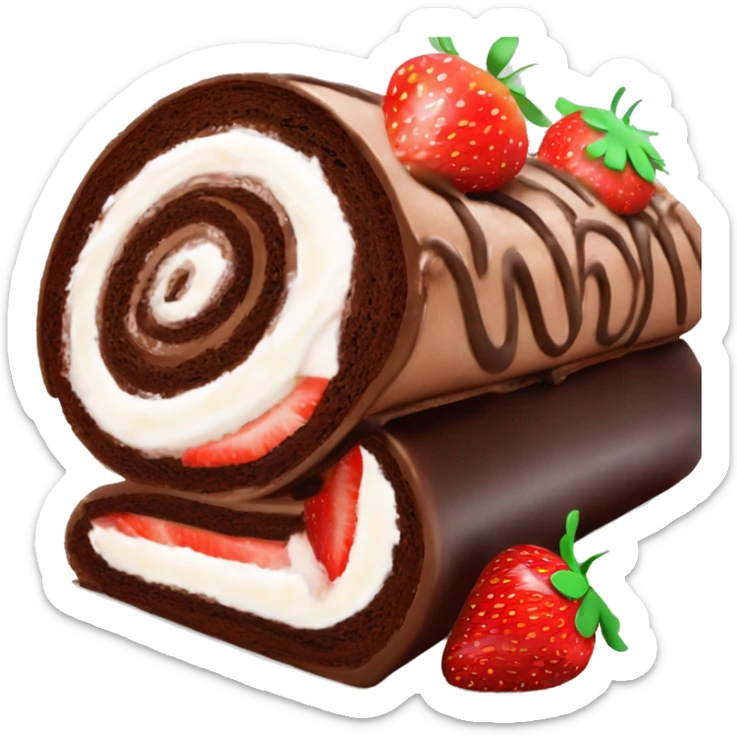Chocolate Swiss roll birthday cake, with sliced strawberries and pipped cream swirls on top  sticker