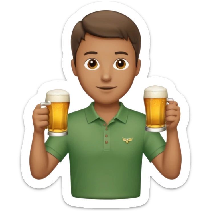 Handsome. Male. Happy. Brown short hair. Wearing golf shirt and shorts. Drinking beer. Cheersing sticker