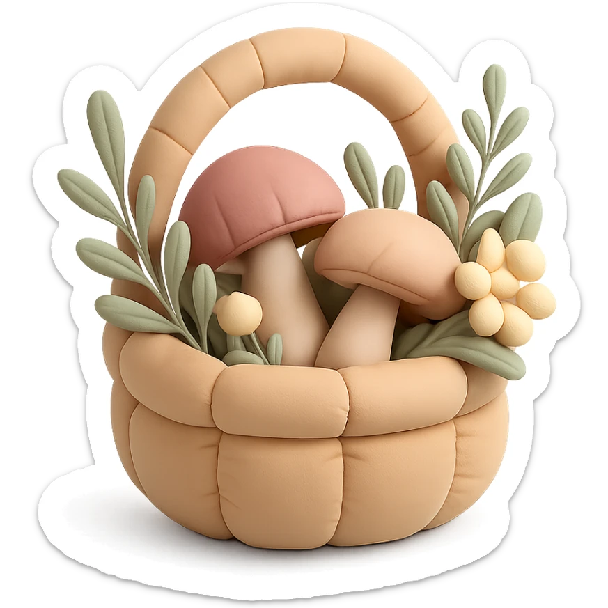 basket full of forest goodies with mushrooms, herbs, flowers in soft pastel colors, cushion style sticker