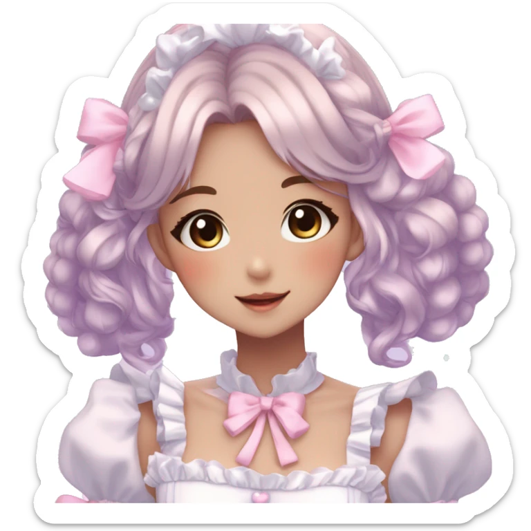 Gorgeous anime style lady blushing face maid outfit Lolita idol model colorful shiny sparkle kawaii pastelcore cottagecore pearly petite simplistic aesthetic trending style sticker