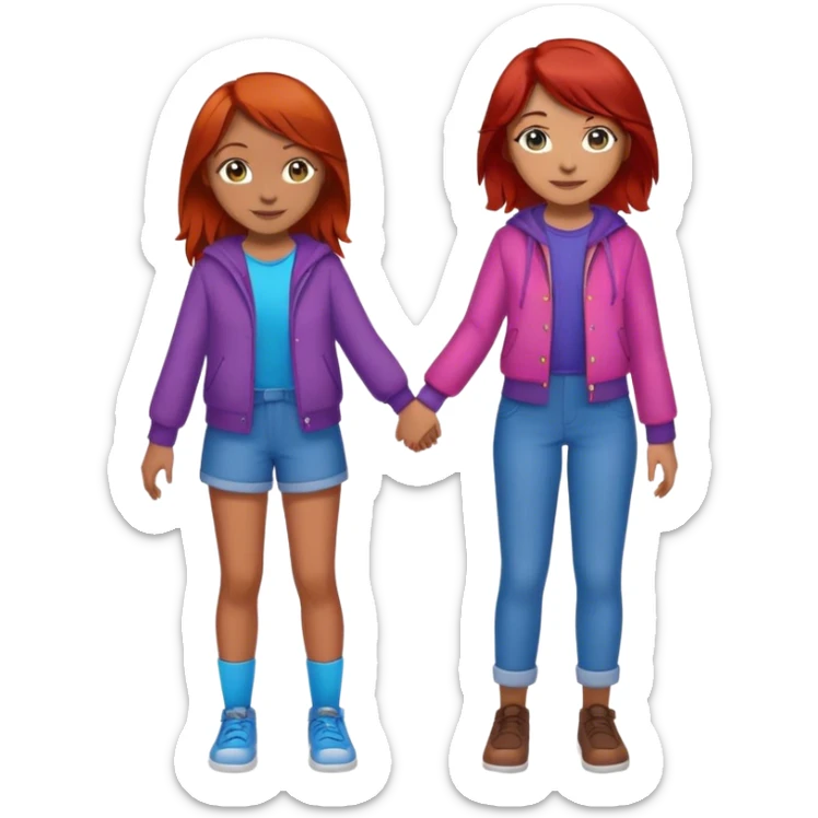 red hair blue eyes girl holding hands with mixed girl brown hair brown eyes  sticker