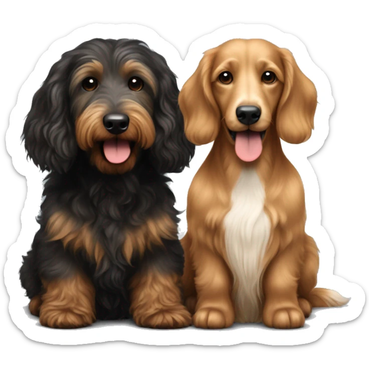 Brown golden doodle and black and tan and cream longhair dachshund sitting together  sticker