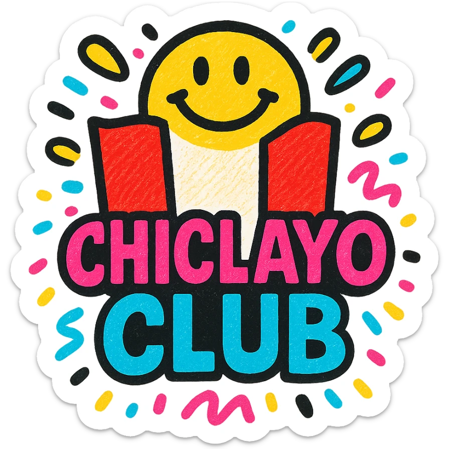 cheerful colorful logo for 'Chiclayo Club' with Peruvian flag colors and confetti party motifs, radiating happiness and community, lively modern style text 'Chiclayo Club' sticker