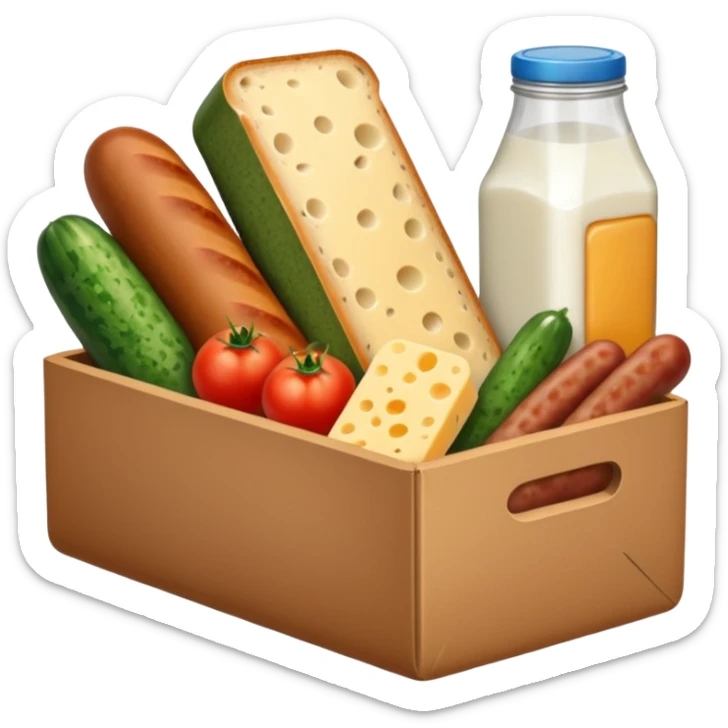 a box of groceries, sausage, cheese, canned meat, herbs, milk, tomatoes, cucumbers, and a loaf of bread sticker