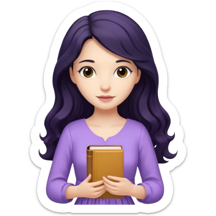 Long Hair Women with purple Book, Black wavy hair, light dress sticker