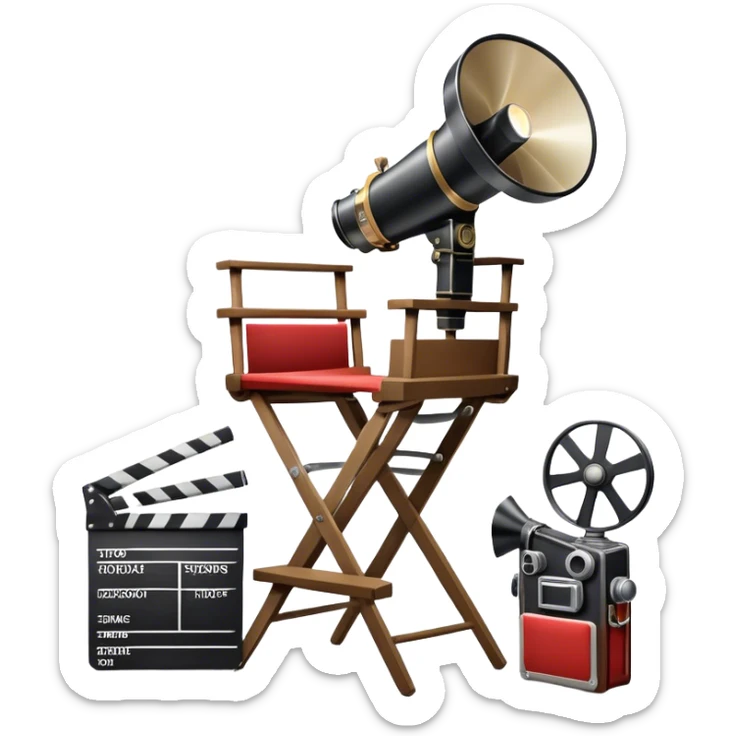 Icon for Directing: a director's chair, a film clapperboard, large movie camera, vintage megaphone and a stage with a spotlight. The icon should represent the creative and organizational aspects of directing, with focus on storytelling, staging, and performance. Transparent background. sticker