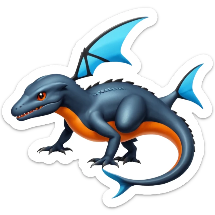 Shiny Black Koraidon-Latios-Salandit-Fakémon-hybrid-creature (full body) with orange belly sticker