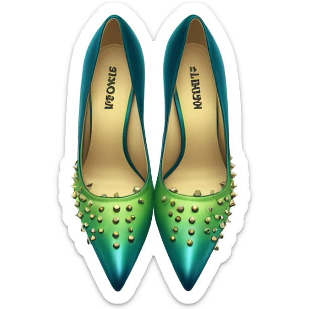 Hyper-realistic top view of a pair of lime green to dark teal blue ombre gold studded pointed toe high heel shoes. sticker