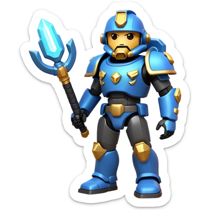 Clash of Clans aesthetic: Cinematic heroic Terran Marine Hero Emoji, rendered in a 3D vector-style similar to standard emojis with minimal shading and bold, simplified shapes. A compact, heroic isometric figure clad in futuristic power armor with signature energy accents, softly glowing with a cosmic battle charm. Simplified yet unmistakably iconic, highly detailed and consistent, glowing with a soft radiant shine and high gloss. Stylized with a touch of interstellar valor and a soft glowing outline, capturing the essence of an elite space warrior with a friendly, playful manner! sticker