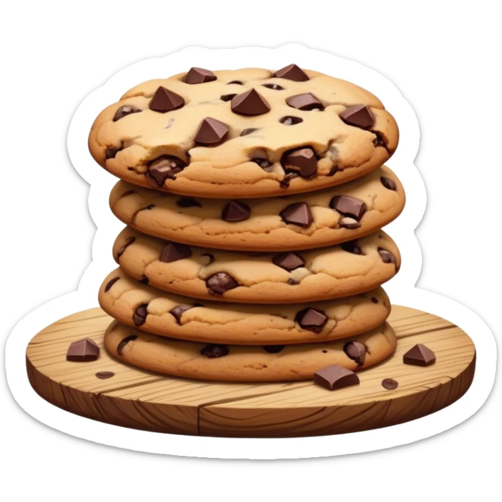 Cinematic crunchy chocolate chip cookies, freshly baked, golden-brown with gooey melted chocolate chunks, stacked on a rustic wooden plate, soft warm lighting, cozy and delicious. sticker