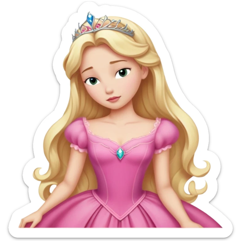 ultra simplified Aurora Sleeping Beauty, pink dress, blonde hair, very minimal details, slightly zoomed out to show more of dress sticker