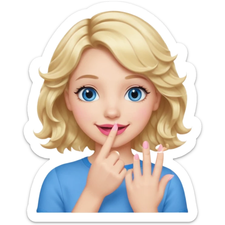 Girl Blonde short wavy hair,  blue eyes, cute blue top, long lashes, pink lips, smiling, hand over the mouth sticker