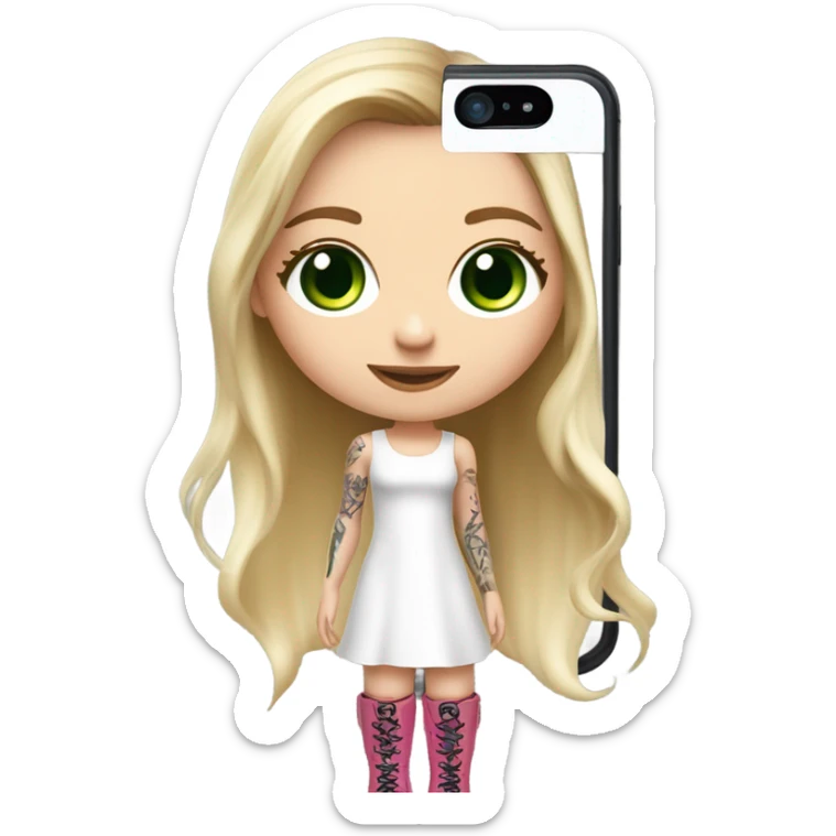 Realistic White girl with Long straight blonde hair, green eyes, tattoos, full body wearing white dress and pink knee-high leather boots, doing cute selfie pose sticker