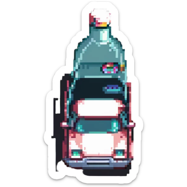 pixel art of a car swerving with a bottle nearby, representing drunk driving sticker