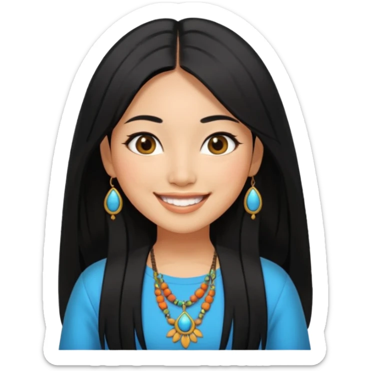 30 yr old asian woman hair trendy clothes center part big eyes big smile tanned skin straight black hair hippie part hair  sticker