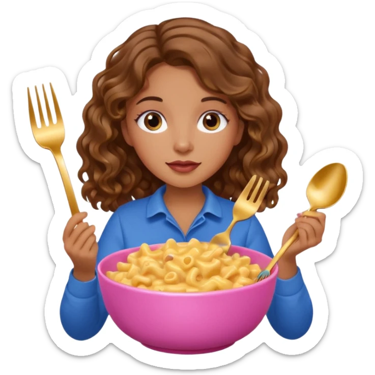 tan girl with brown wavy hair and blue eyes eating mac and cheese out of a pink bowl with a gold fork sticker