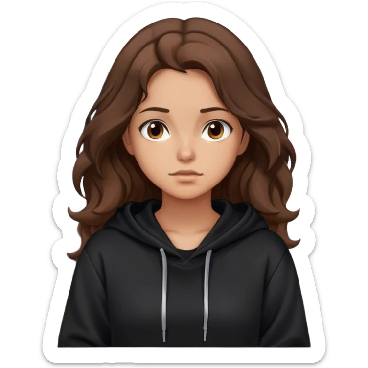 Girl with wavy brown hair wearing black hoodie, In an office sticker