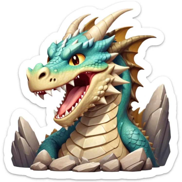 Cinematic Cute Yawning Giant Rock Dragon Portrait Emoji, Head tilted slightly with a dramatic, wide-open yawn, revealing a colossal, rugged body with weathered, rock-like scales and subtly drooping, earthy features rendered in authentic, stony texture; high shine, relaxed yet powerful, styled with a dash of timeless geological charm, soft glowing outline, capturing the essence of a sleepy but stoic rock behemoth ready to settle into an ancient, enduring slumber! sticker