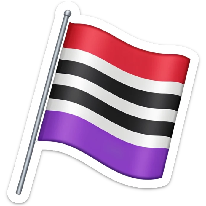 The emoji of a flag with three horizontal bars. The top bar is black, the middle bar is white, and the bottom bar is split in half. The bottom left is purple, and the bottom right is red sticker
