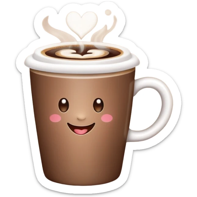 A smiling hot coffee cup with heart-shaped steam, mocha brown tones, kawaii soft hand-drawn sticker style sticker
