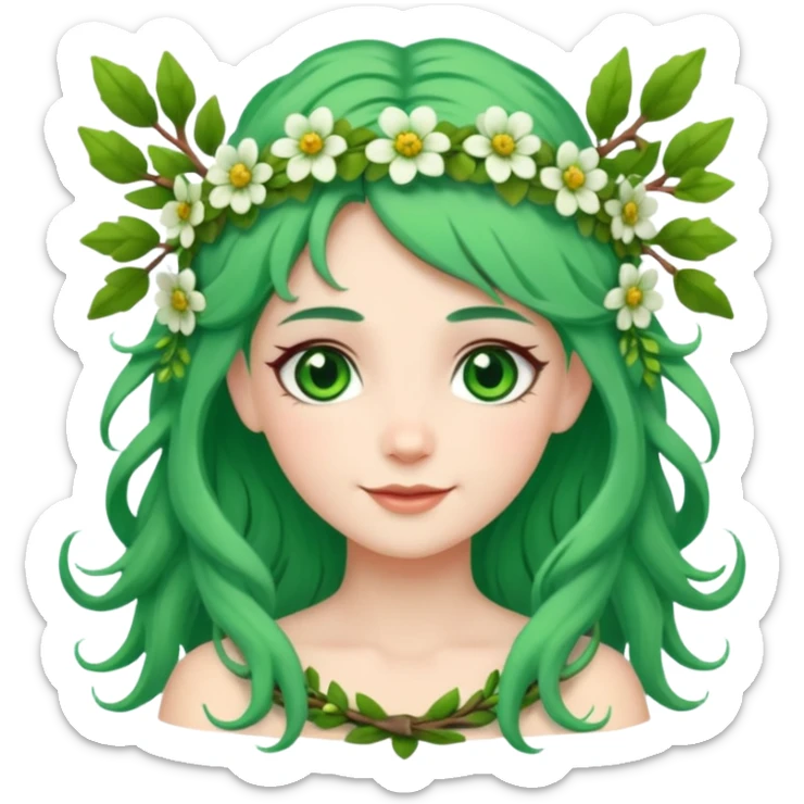 A forest princess with green hair, green eyes, wearing a wreath of flowers and branches sticker