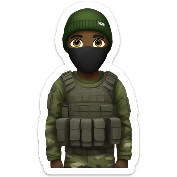 male, tall, white skin, call of duty Logan mask, green camo tactical gear, combat boots, black beanie, hazel eyes sticker