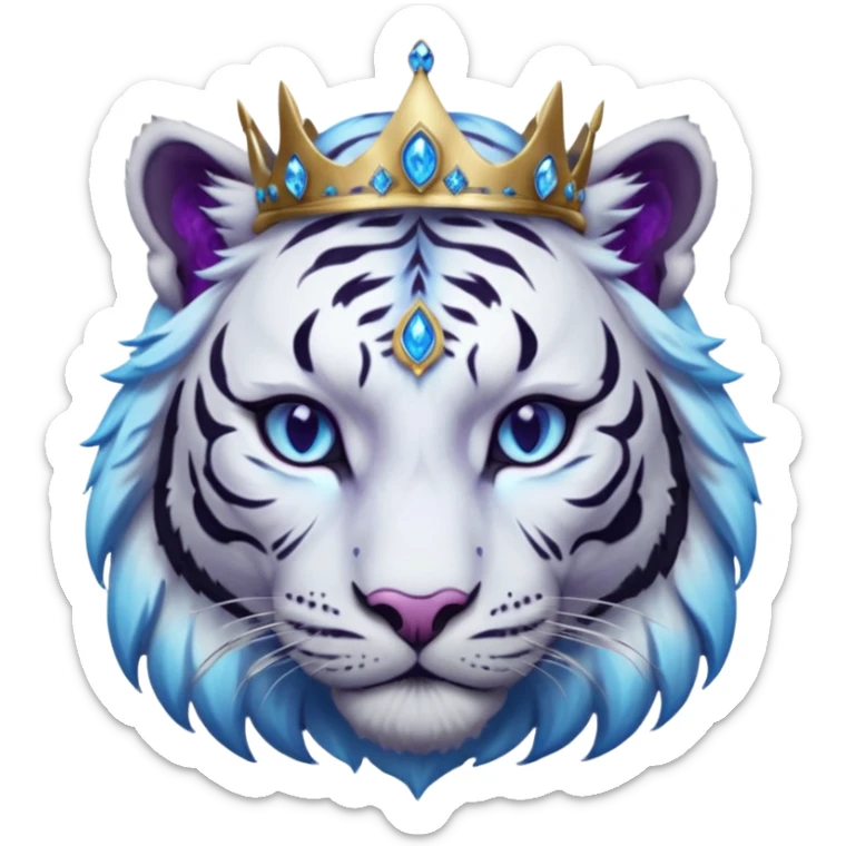ESO Female white/black tiger khajiit leader of the umbral rose, glowing blue eyes, glowing blue 'third eye' gem; silver crown/tiara with purple gems  sticker