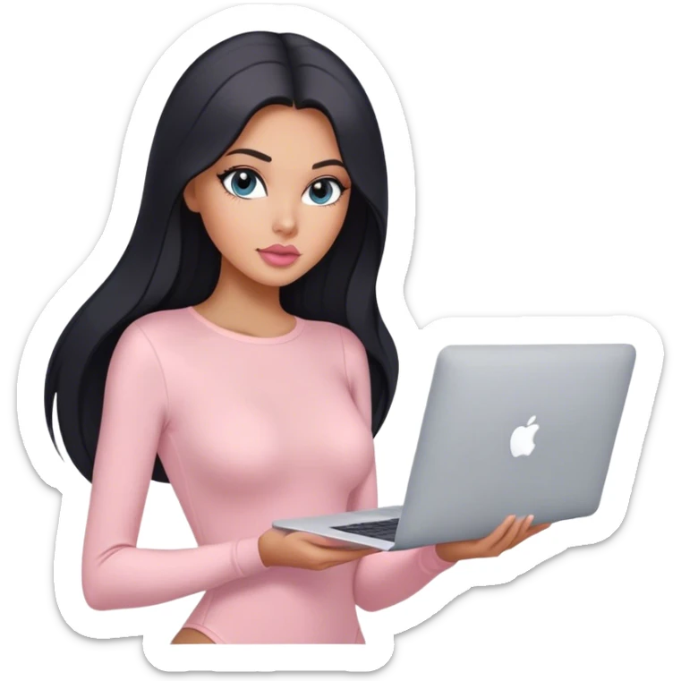 Glamours, tanned, very beautiful girl, with big pump peach-beige-rose lips, black straight smooth silky long hair, straight parting, blue-grey eyes, in light-pink bodysuit holding MacBook sticker