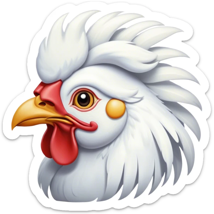 Cinematic Noble White Rooster Portrait Emoji, Poised and regal, with a robust, commanding build and a pristine, well-groomed pure white plumage, deep-set soulful piercing eyes, Simplified yet sharp and sophisticated features, highly detailed, glowing with a soft, dignified glow, high shine, intelligent and proud, stylized with an air of barnyard majesty, focused and attentive, soft glowing outline, capturing the essence of a watchful and confident leader, so majestic it feels as though it could crow out of the screen with effortless authority! sticker