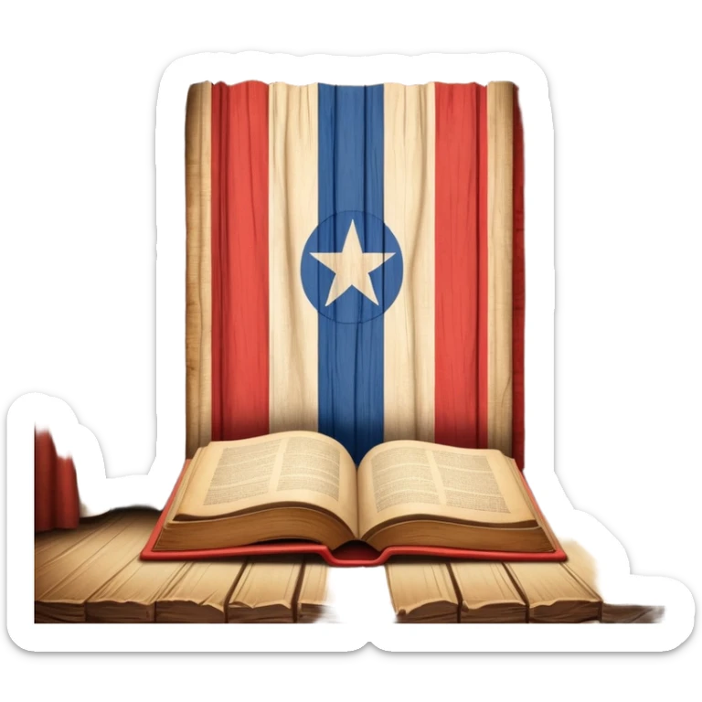 Ancient book with Puerto Rican flag subtly integrated on cover, carved wooden theater curtains symbol, warm vintage textures, soft glow representing timelessness and theatrical design heritage sticker