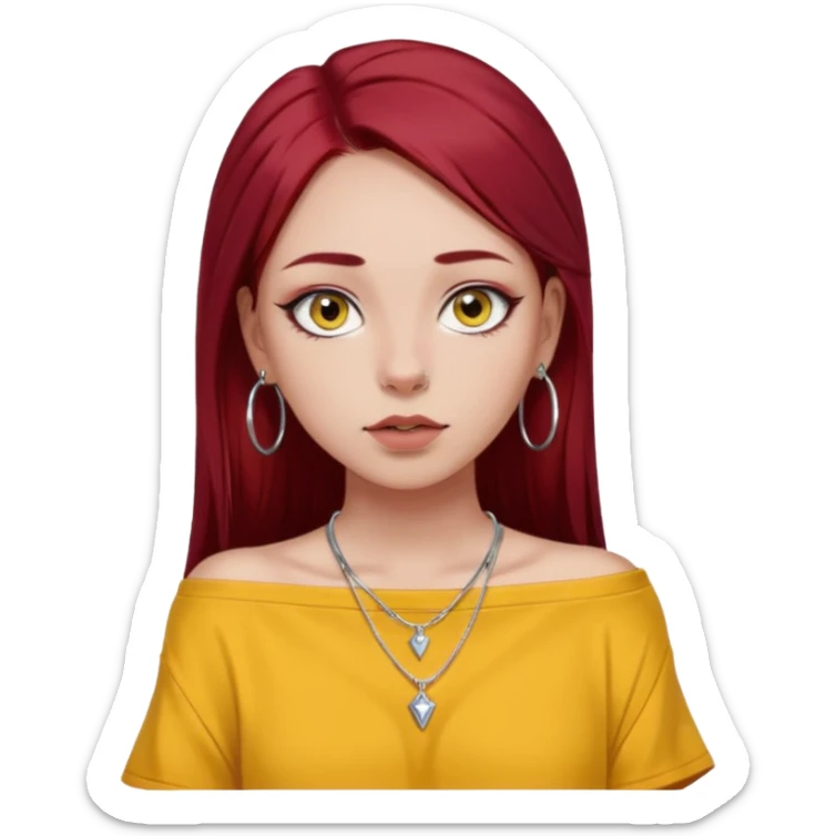 generate a pretty bratz girl in , dark brown eyes. Dark red hair straight long. wearing a yellow oversized tee falling off her shoulder, dainty silver necklace, silver hoops, septum piercings. big eyeliner sticker