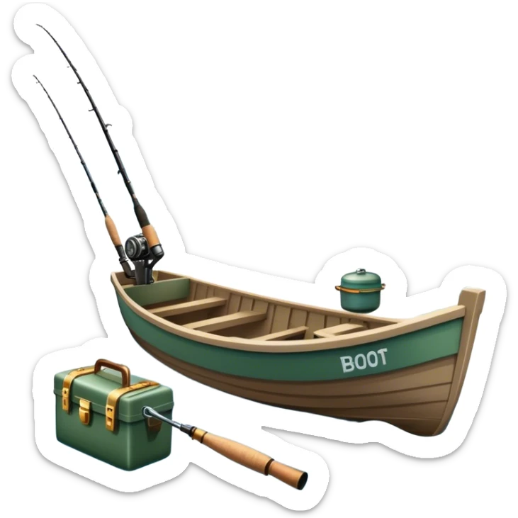 Icon for Fishing: a fishing boat by a water body with a beautiful nature backdrop, a spinning rods, fishing boots, and a fishing tackle box. The icon should evoke the peaceful and adventurous spirit of fishing. Transparent background. sticker