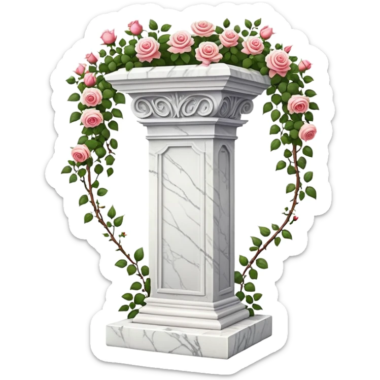 White tall marble pedestal with vines growing and gorgeous roses flowers beautiful romantic scenery garden scenic  sticker