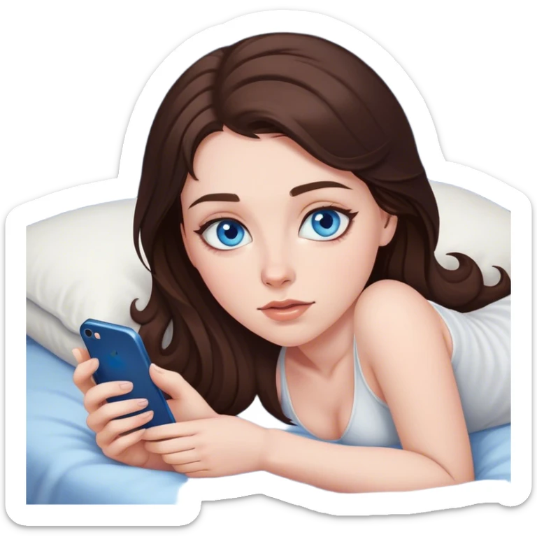 Brunett white girl with blue eyes, laying on stomach  In bed at night , using her iPhone sticker