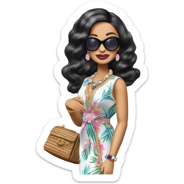 Palm Beach Breeze Barbie Wednesday Addams ,white skin, full body visible, wavy hair,handbag, earrings,floral caftan,small 2 piece, sunglasses,heels,holding yorkie Miss Thang sticker