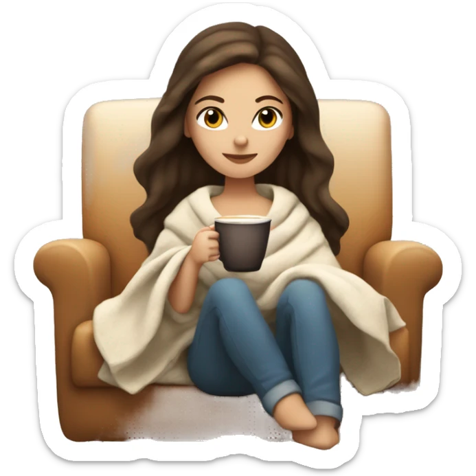 Brunette white girl covered in blanket autumn vibe sitting on a cozy chair holding coffee,  sticker