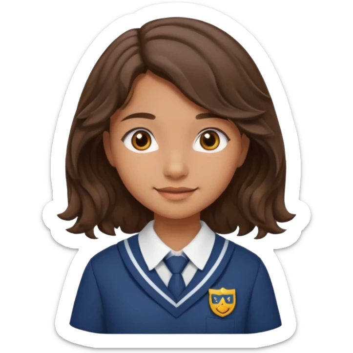 Quiero a una persona morena no tan morena , que sea una adolescente , que lleve uniforme escolar , con un pelo ondulado pero que sea negro castaño,pero no regido , pero que tenga una sonrisa suave, pero que este con un fondo blanco. Pero no tan ondulado tirando para liso y un poco largo sticker
