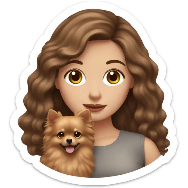 White girl with brown long wavy hair holding a pomeranian sticker