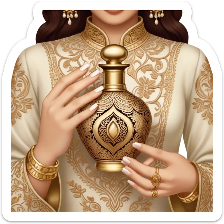 A mesmerizing close-up of henna-adorned hands delicately holding an ornate perfume bottle. The deep, intricate henna patterns beautifully contrast against the soft skin, while the luxurious gold-embellished bottle exudes opulence and tradition. sticker