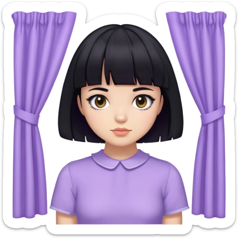 A girl with black short hair and curtain bangs wearing a lavender y2k outfit  sticker