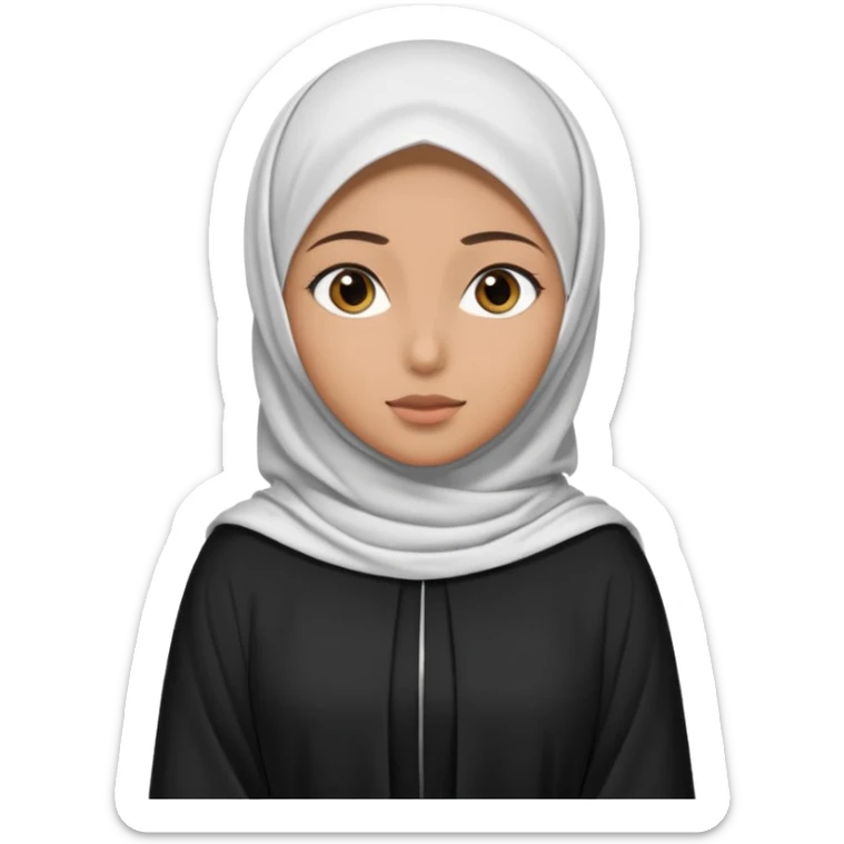 Make a emoji of a Muslim girl wearing a white hijab and "niqab on her face, with only her eyes visible" and her full body covered in an abaya or burqa. sticker