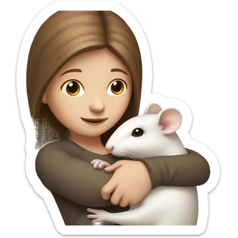 white girl with straight long brown hair hold and hug white rat sticker