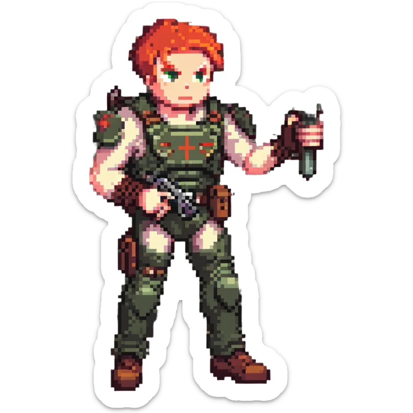 a SNES box art image of a man in military gear disarming a IED inside of a toolshed, dramatic single overhead lamp, he has red hair and a face like retro doomguy sticker